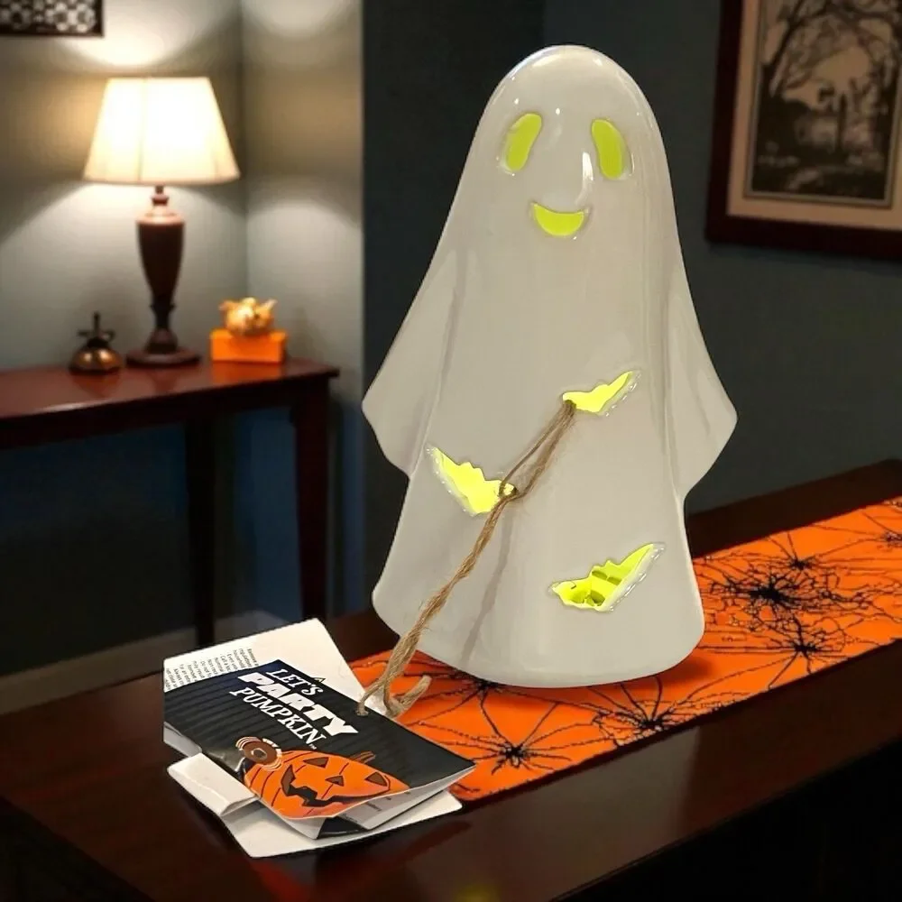 Halloween Ceramic Light-Up Friendly Ghost W Bat Cutouts Approx 7” New W Tags